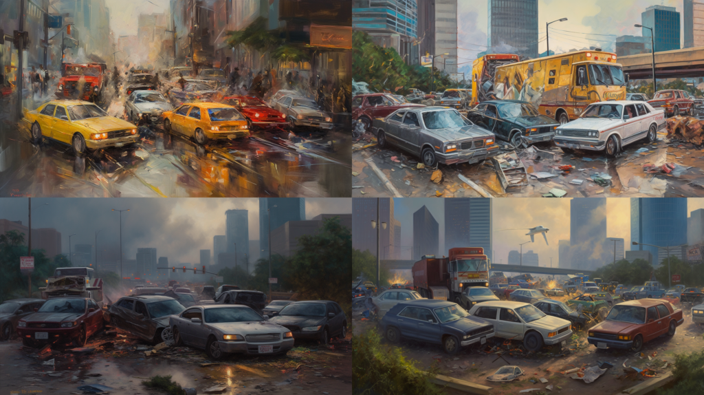Auto Accidents in Houston: Understanding Your Rights and Seeking Compensation, a vivid portrayal of a bustling Houston intersection with multiple vehicles involved in a collision, busy cityscape with skyscrapers and traffic lights, tension and urgency filling the air, Painting, acrylic on canvas, --ar 16:9 --v 5.0