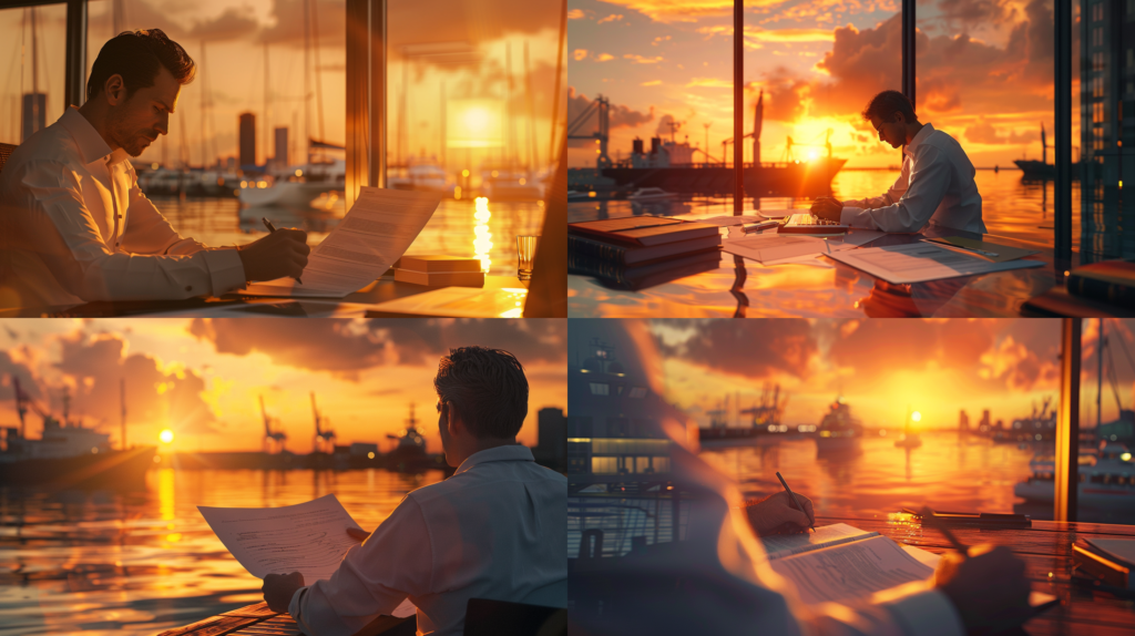 Understanding the Importance of Hiring a Houston Maritime Attorney for Your Case, an attorney studying maritime documents with a Houston harbor in the background at sunset, highlighting meticulous legal work, serene yet focused ambiance, subtle lighting creating a reflective mood, 3D Artwork, rendered in Blender with realistic lighting and textures, --ar 16:9