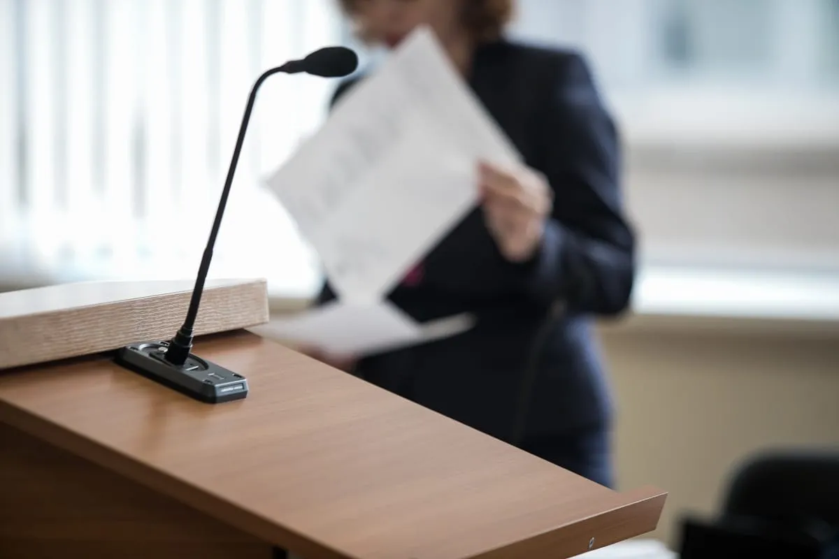 A lawyer arguing her clients case.
