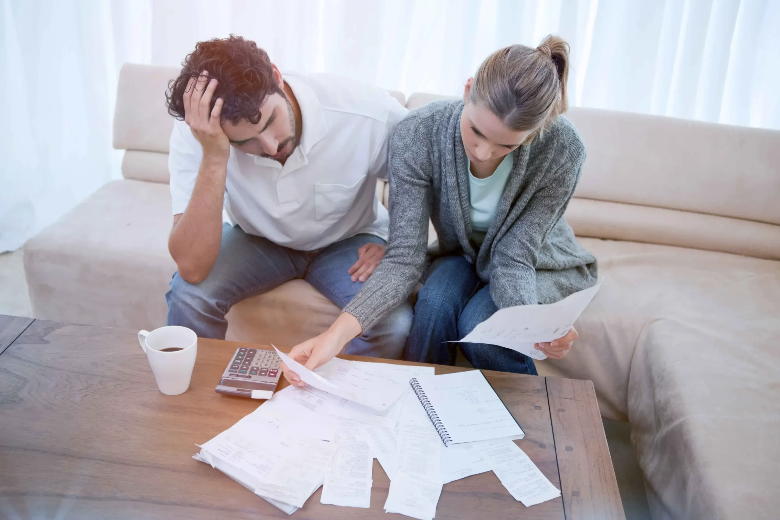 A couple sitting on a couch going through bills.